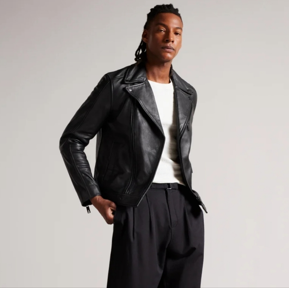 Ted Baker Carve Leather Biker Jacket in black Ted's size 6- US XXL new no tag